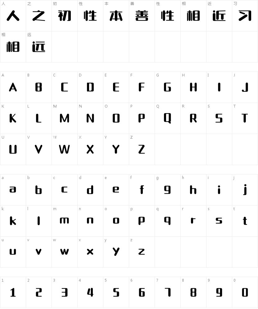 上首芋圆体的字符映射图