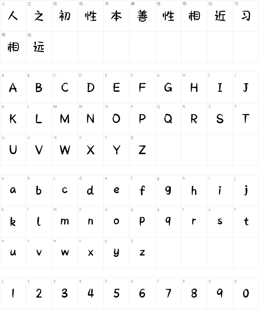 Aa乖乖体的字符映射图