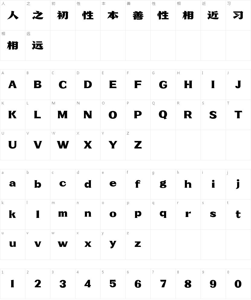 兵克英雄体的字符映射图