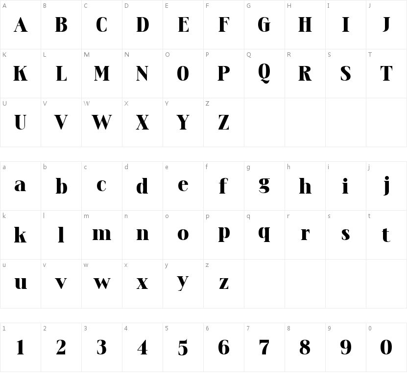 ZY Upright的字符映射图