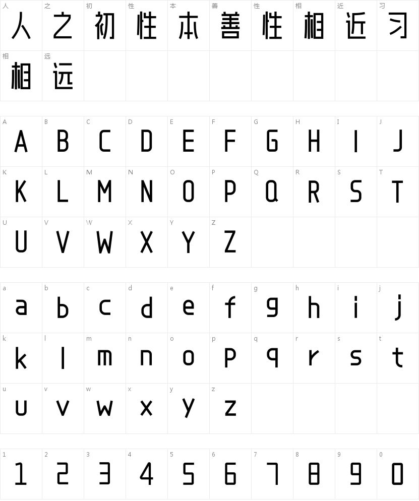 爱点风雅黑长体的字符映射图