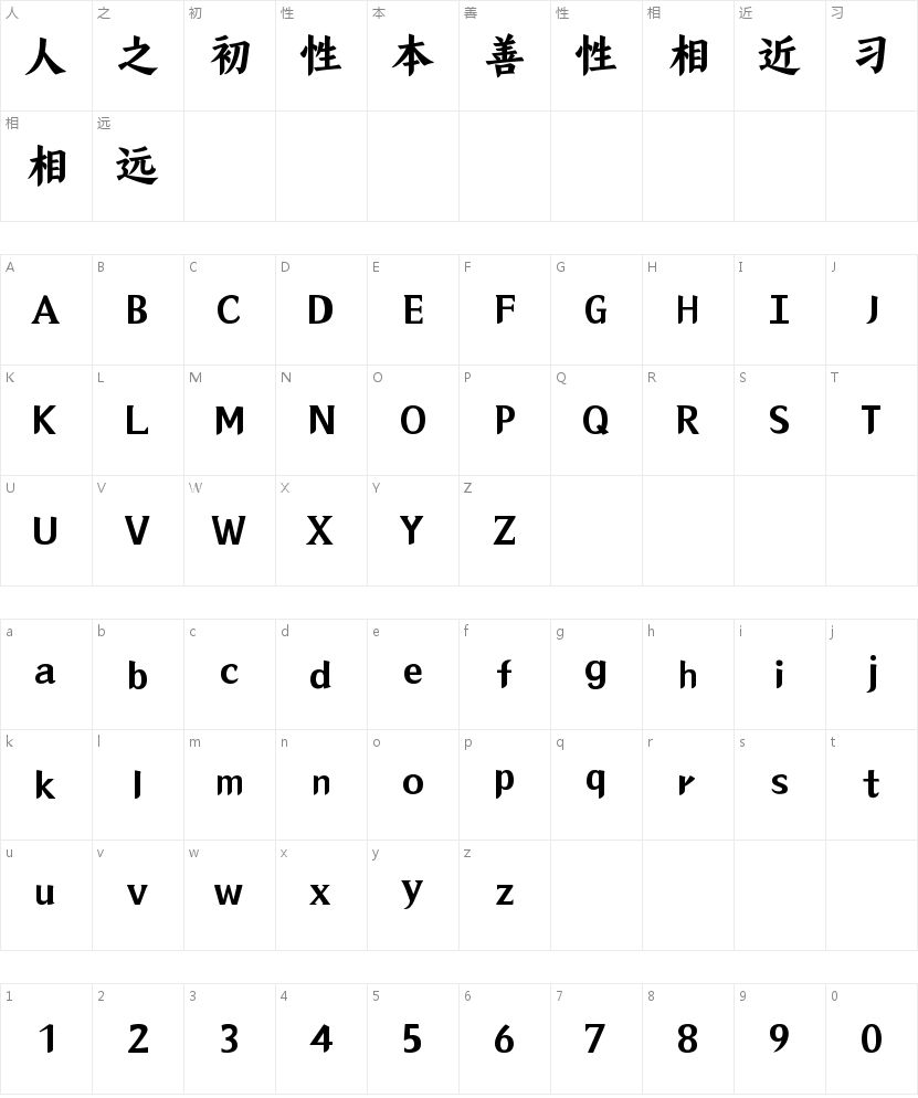 山海流萤楷95W的字符映射图
