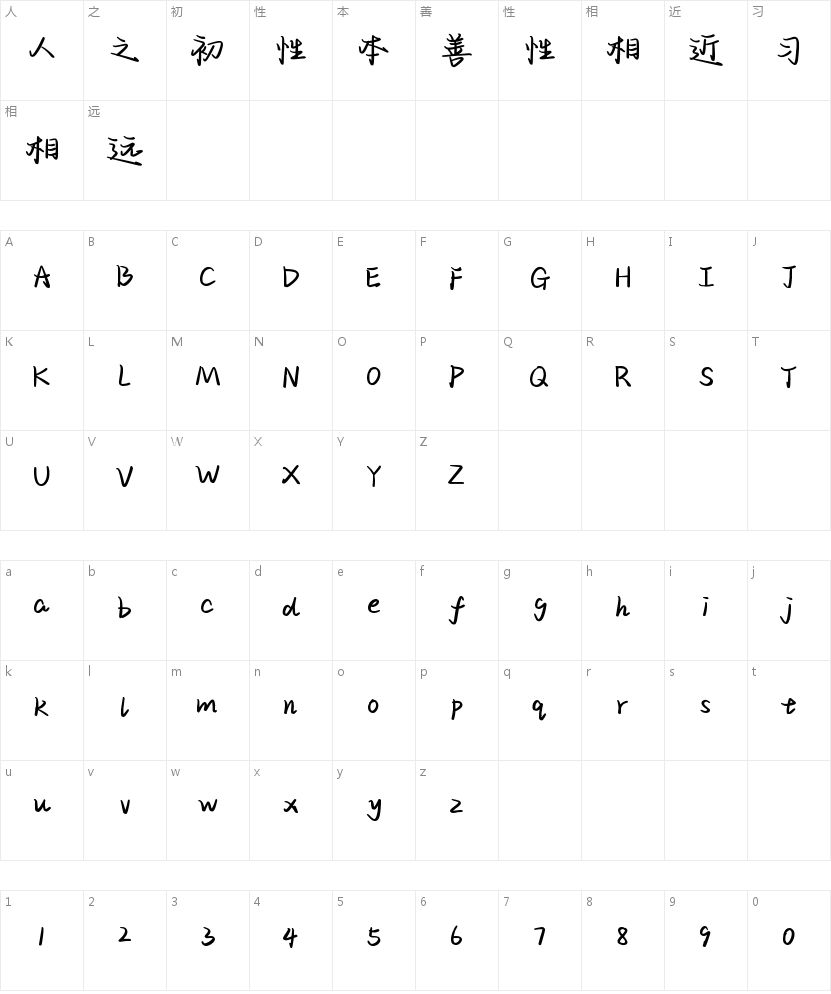 藏春小筑日记 Bold的字符映射图
