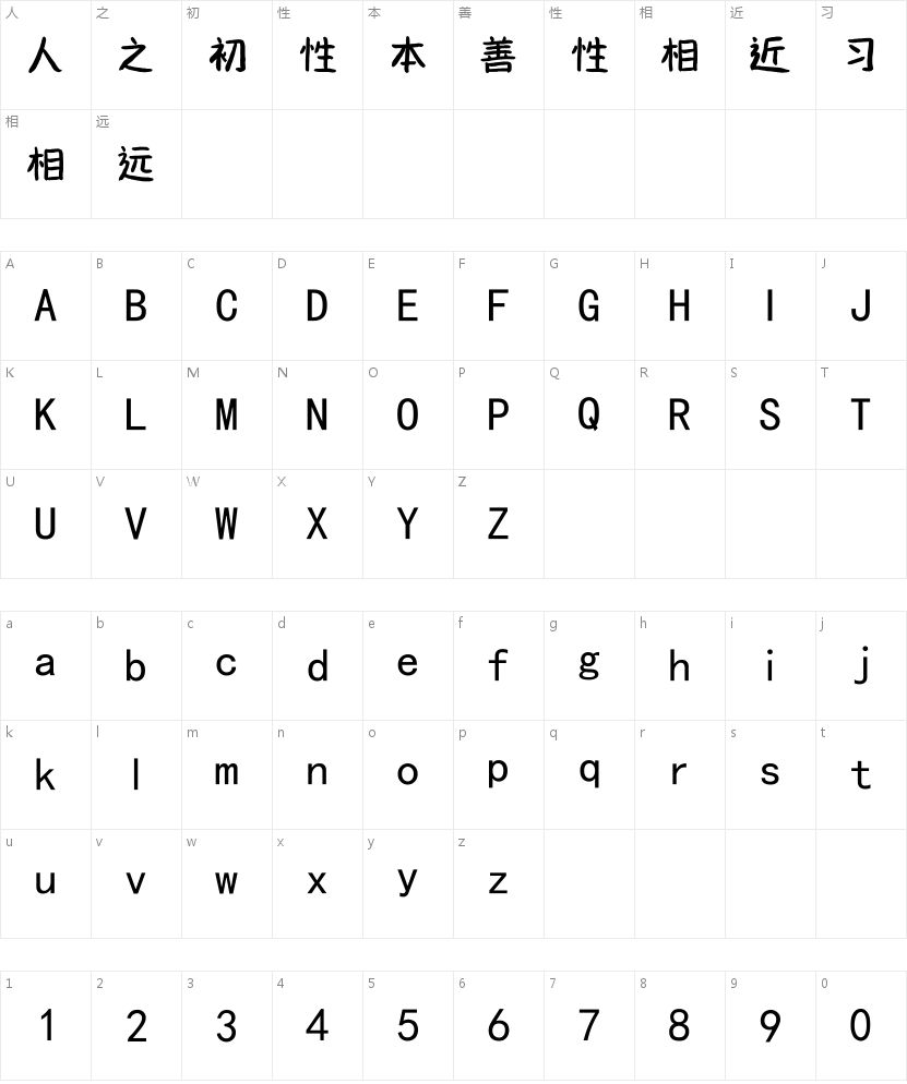 北半川晴空体的字符映射图