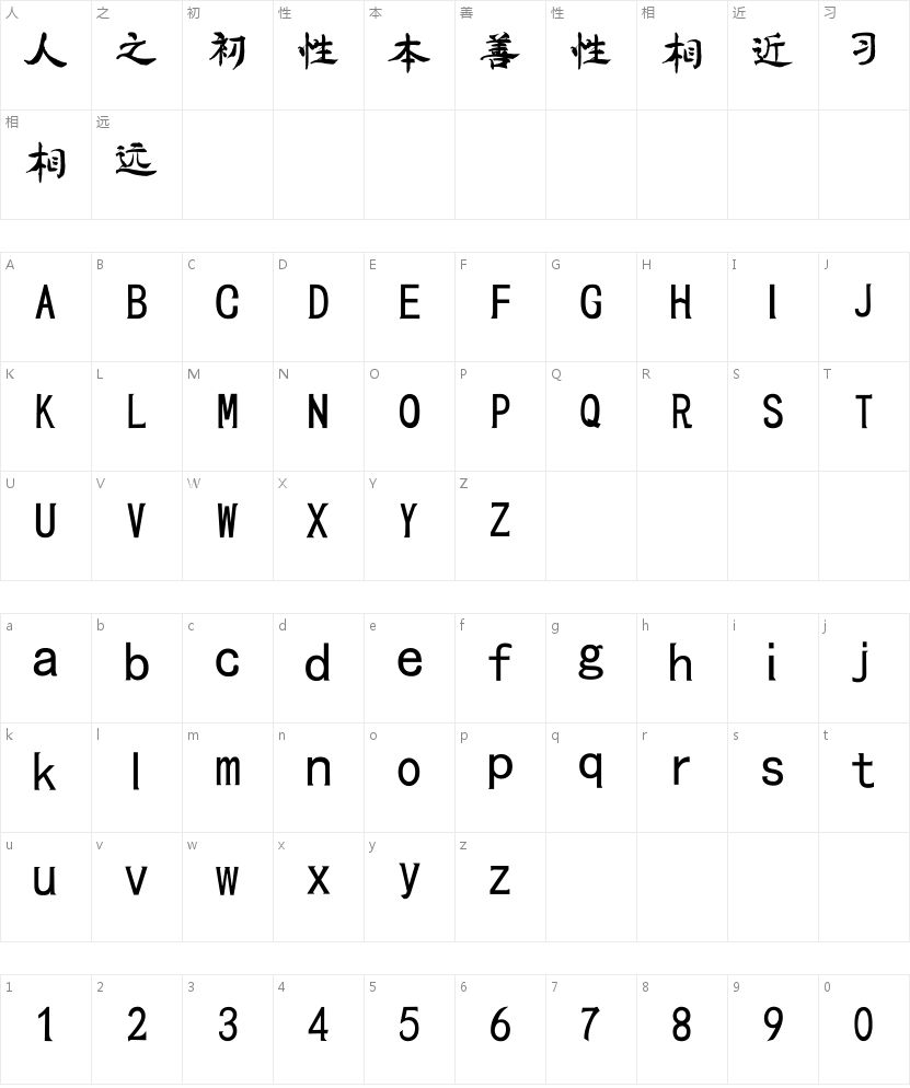 段宁毛笔古韵体的字符映射图