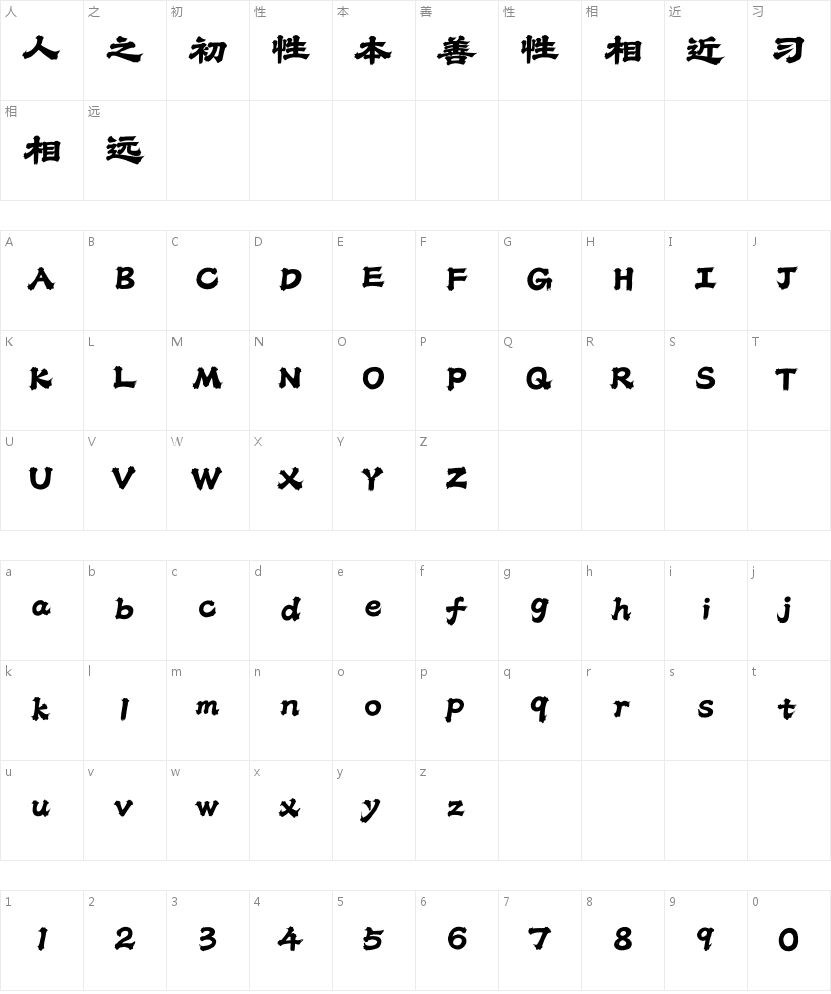 Aa浪潮榜隶的字符映射图