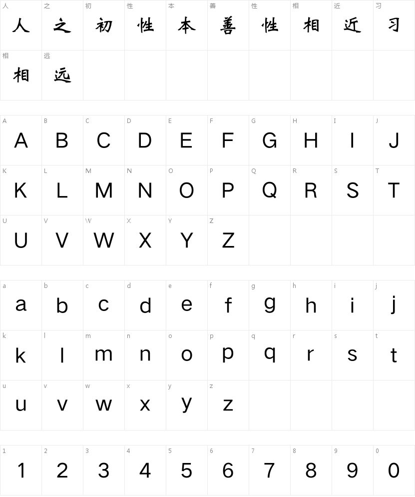 Aa龙师魏楷的字符映射图