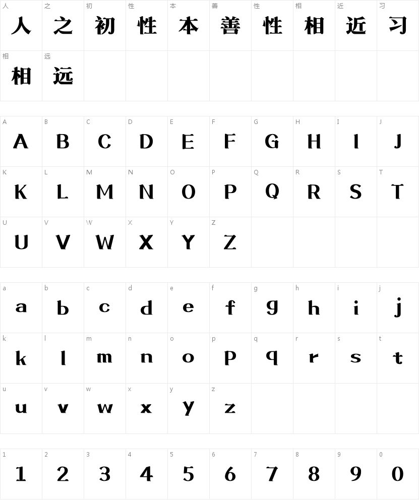上首华宋体的字符映射图