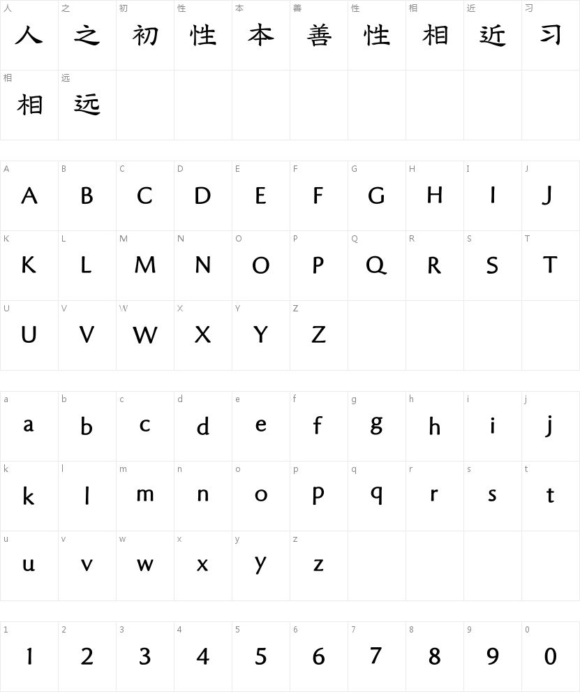 方正艺楷 繁的字符映射图
