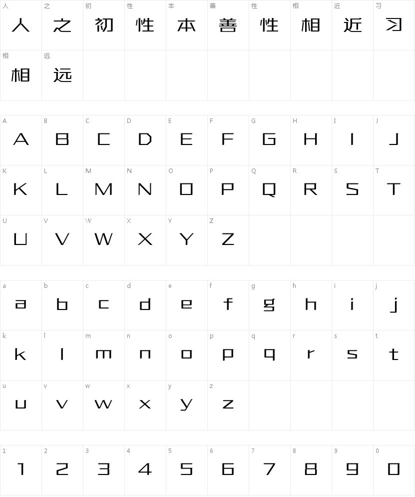 方正优尚体的字符映射图