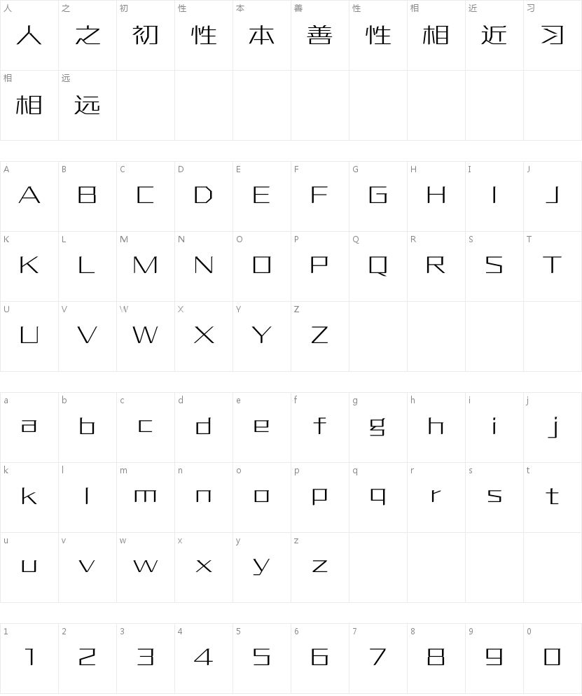 方正优尚体Light的字符映射图