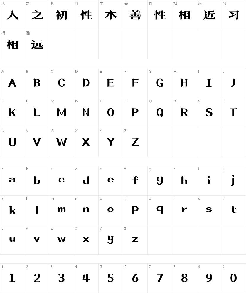 上首标题宋体的字符映射图