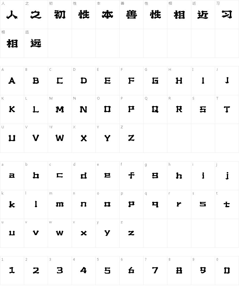 上首火云体的字符映射图