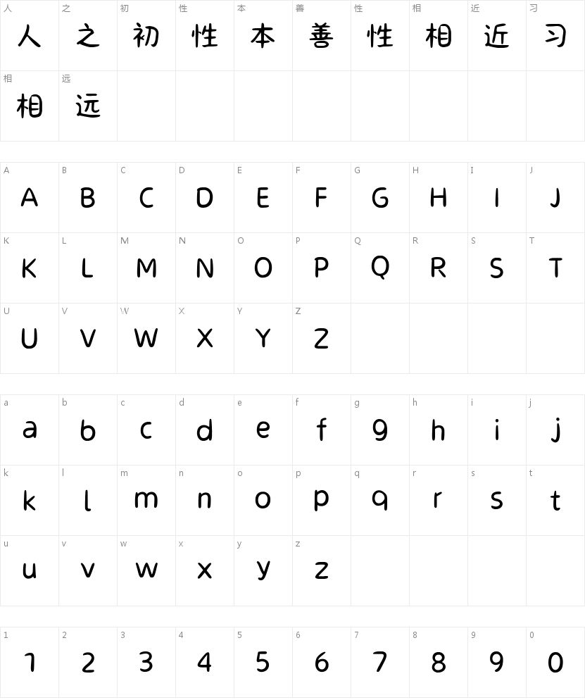屁屁手写体的字符映射图