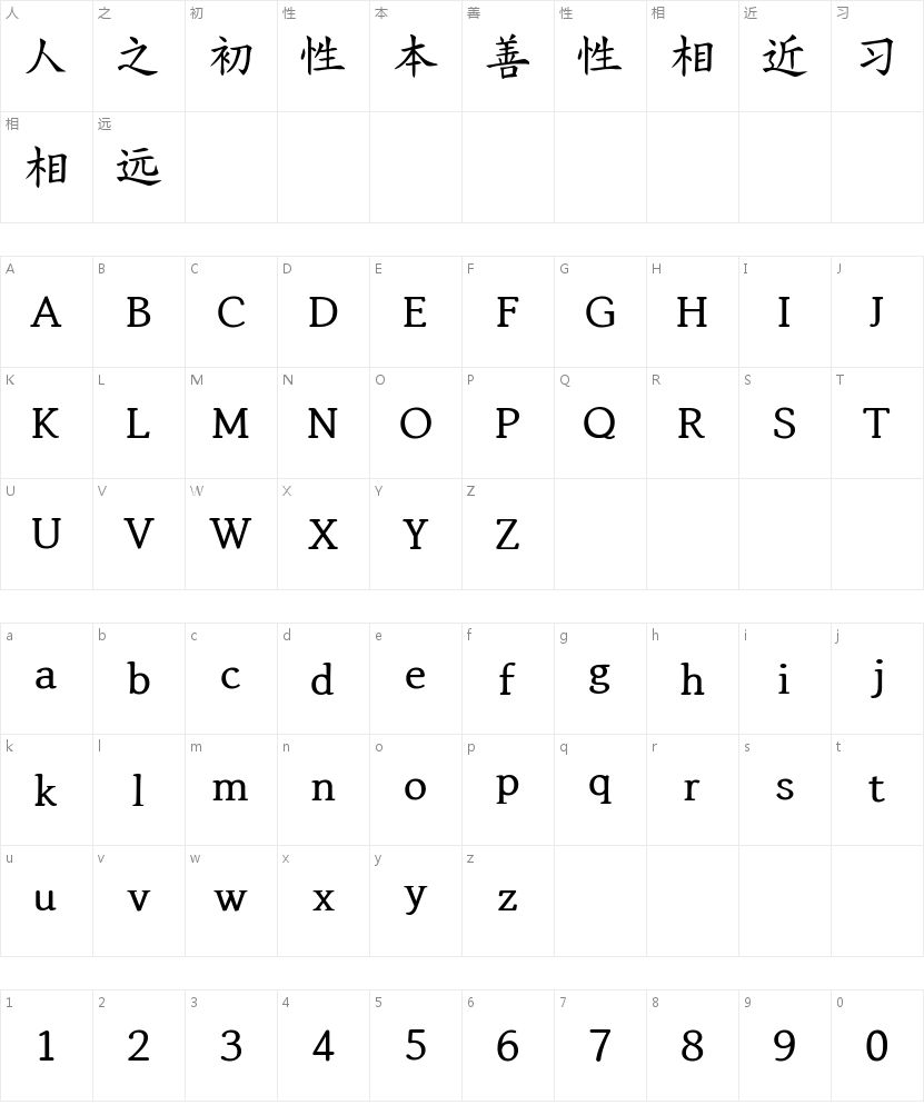 智枢清楷体的字符映射图