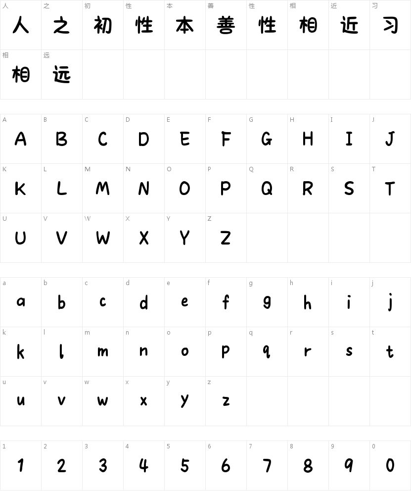 日系可爱护眼圆体的字符映射图