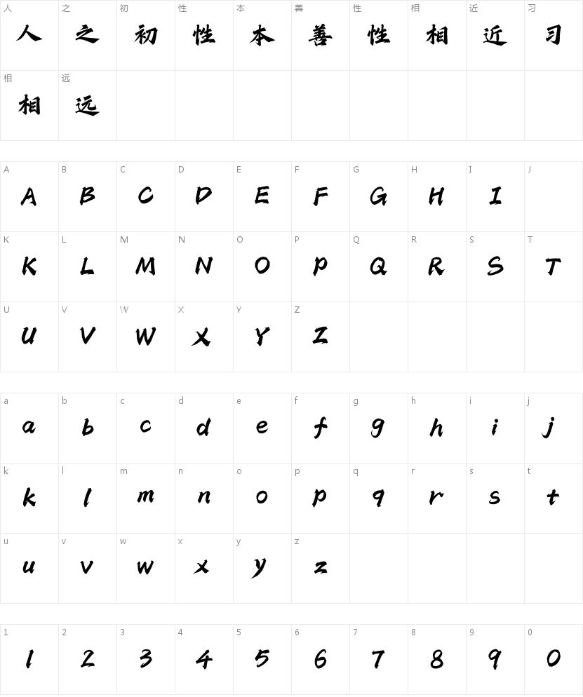 Aa剑宗楷的字符映射图