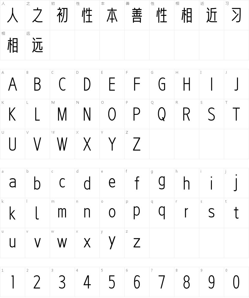 卓特清雅体的字符映射图