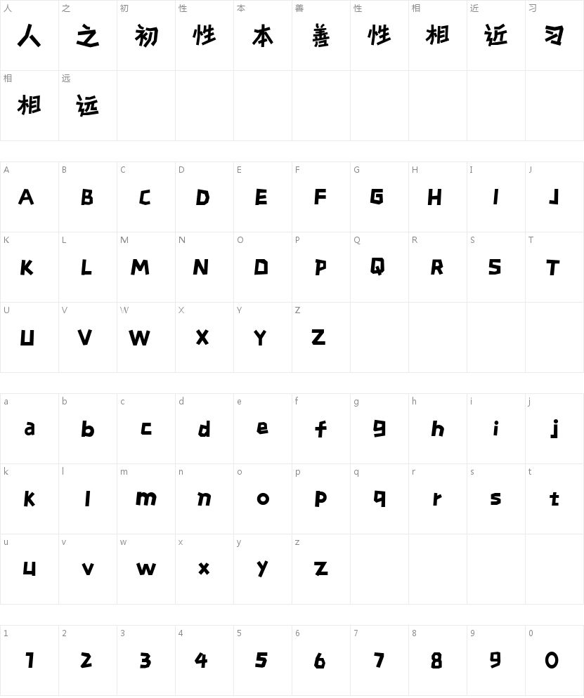 香蕉弯折灵感体的字符映射图