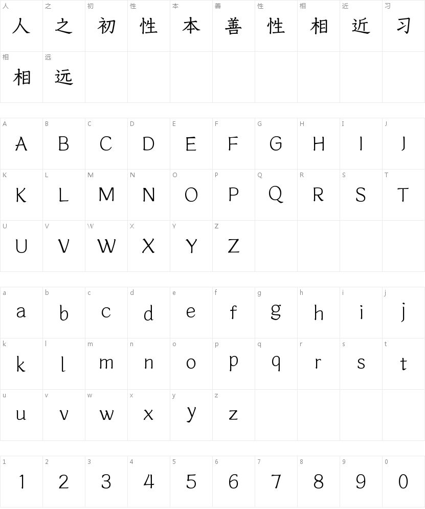 字魂宋刻楷体 W1的字符映射图