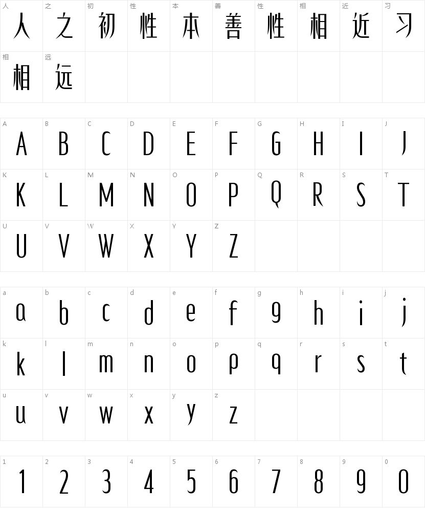 字语尚黑体的字符映射图
