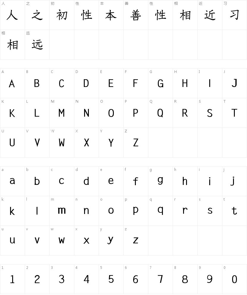 大萌秀楷的字符映射图