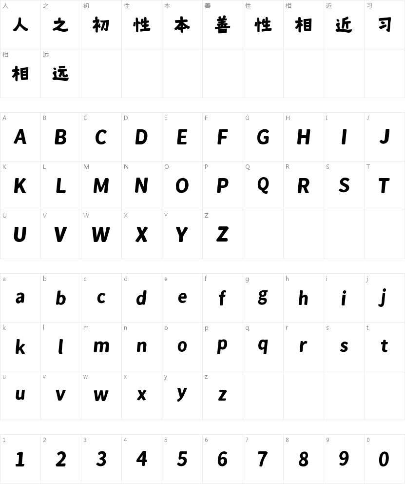 大萌豆丁体的字符映射图