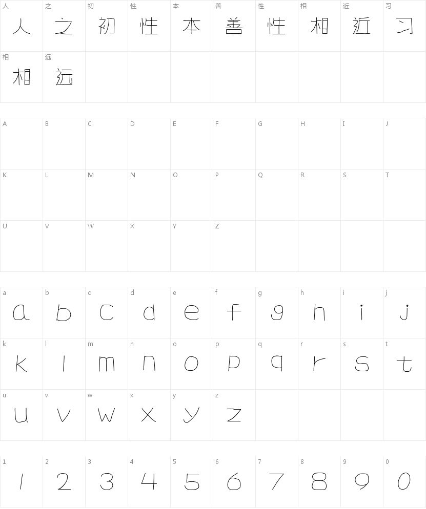 福芦细铁丝体的字符映射图