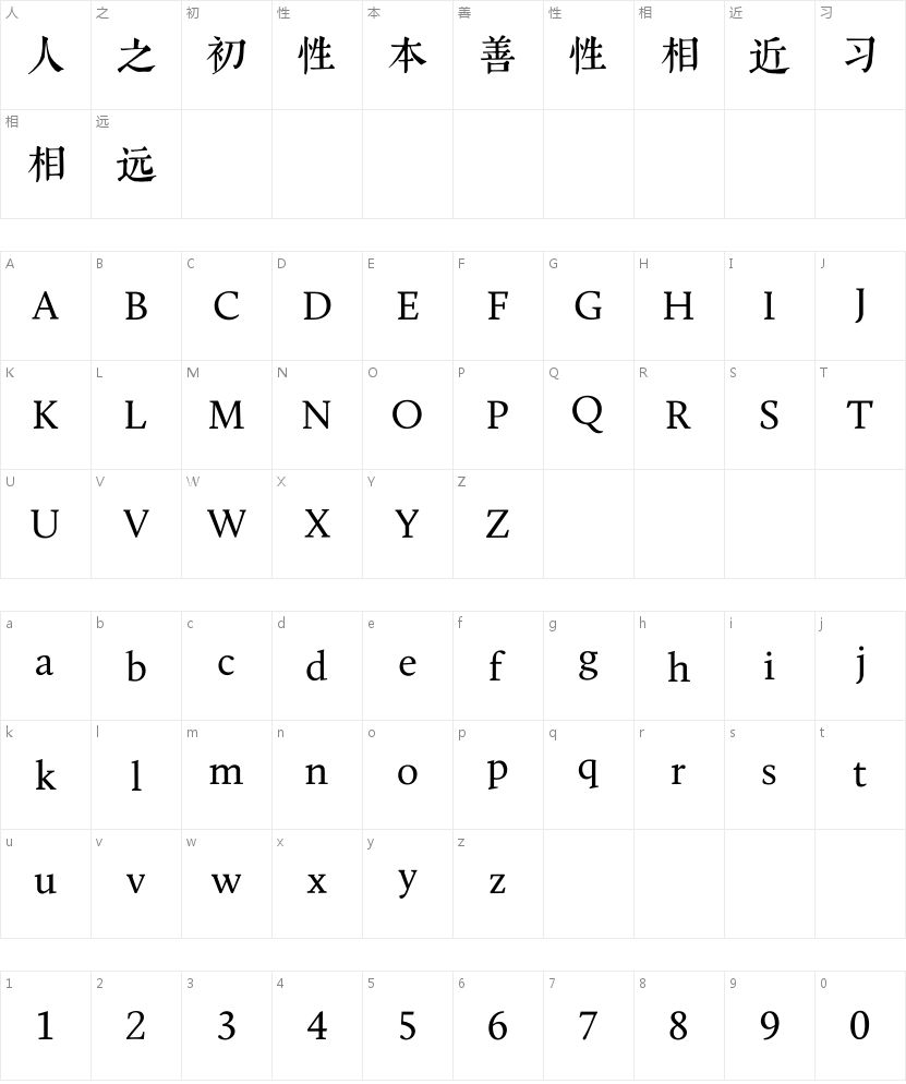 字悦武英殿宋体的字符映射图